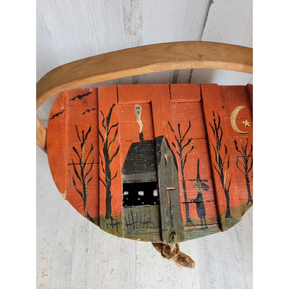 Unique vintage wooden trick or treat Halloween basket candy slot haunted house